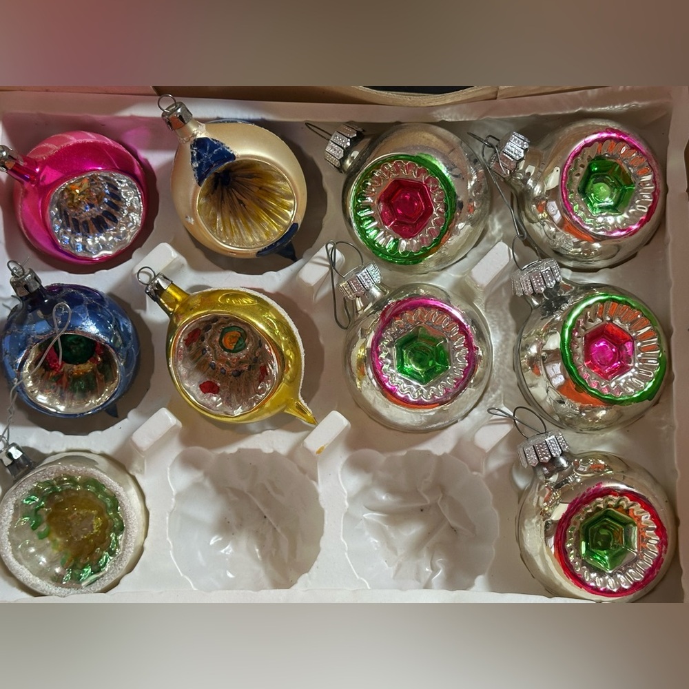 Vintage Glass Holiday Ornaments Set of 10 Multicolor.  Stamped Poland and GRD.